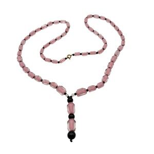 Vintage MCM Pink and Black Glass Cube Beaded Art Deco Style Necklace
